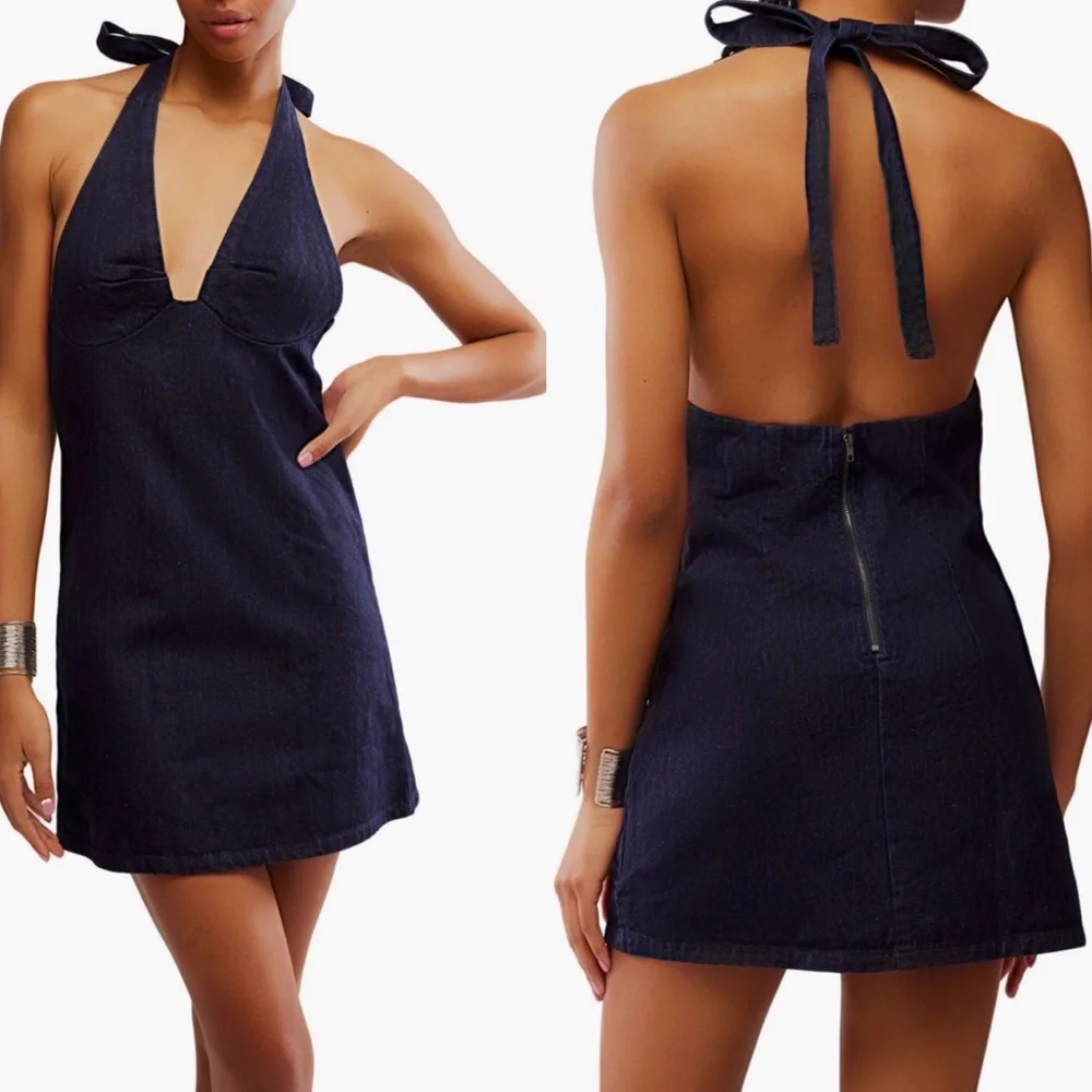 NWT FREE PEOPLE TREVI denim Navy Halter Backless Mini Dress L - Picture 1 of 10